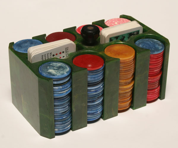 Marbled bakelite cased poker chips.