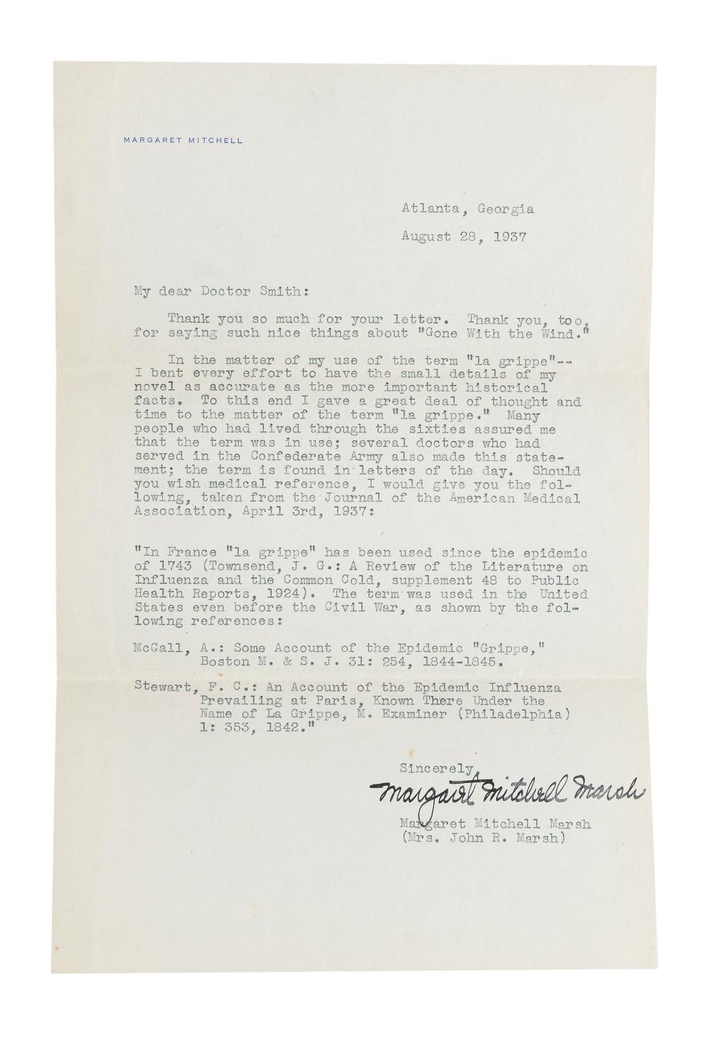 MARGARET MITCHELL SIGNED LETTER
