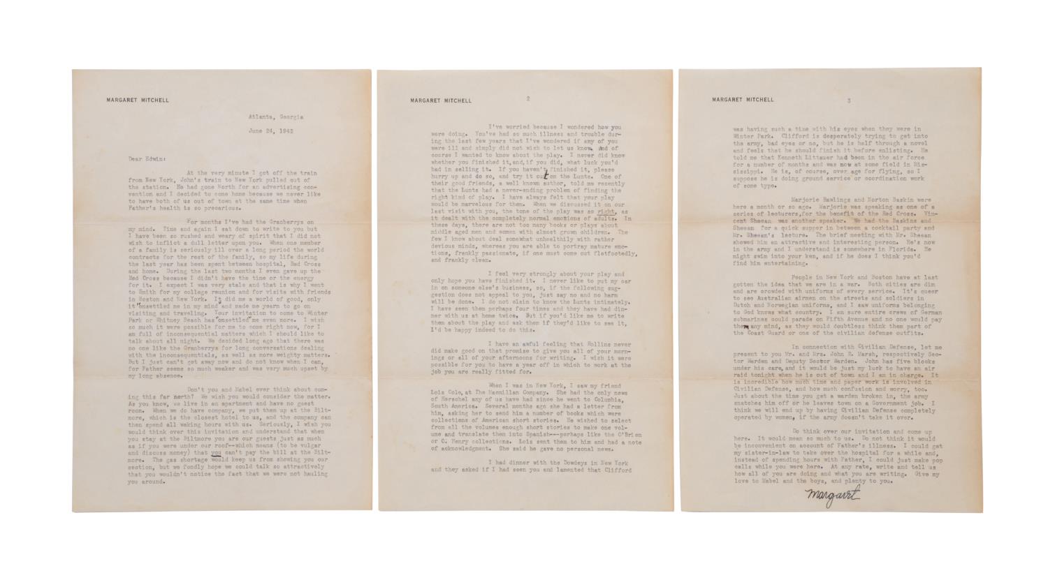 MARGARET MITCHELL SIGNED THREE PAGE