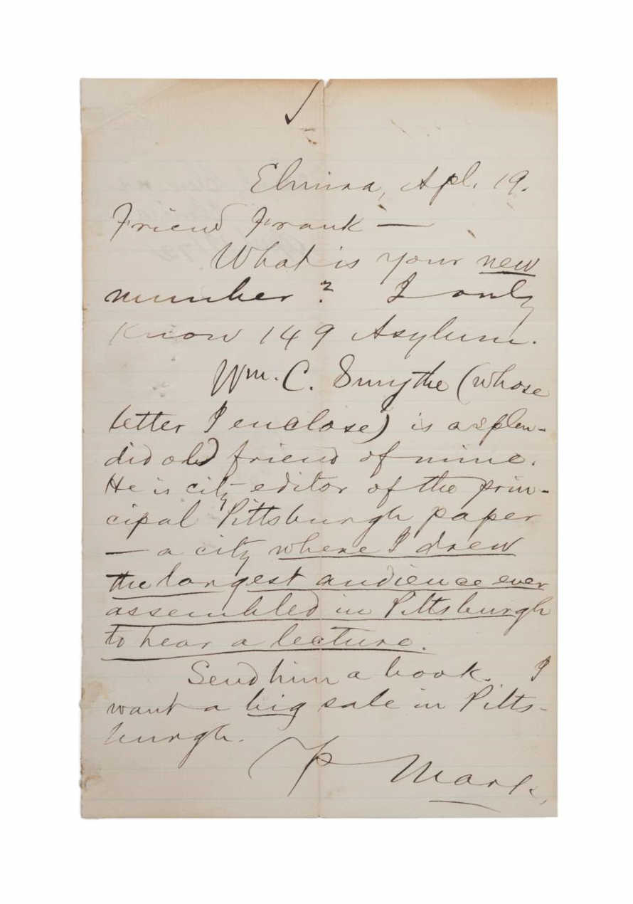 MARK TWAIN HANDWRITTEN LETTER TO