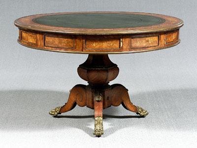 Marquetry inlaid drum table, tooled