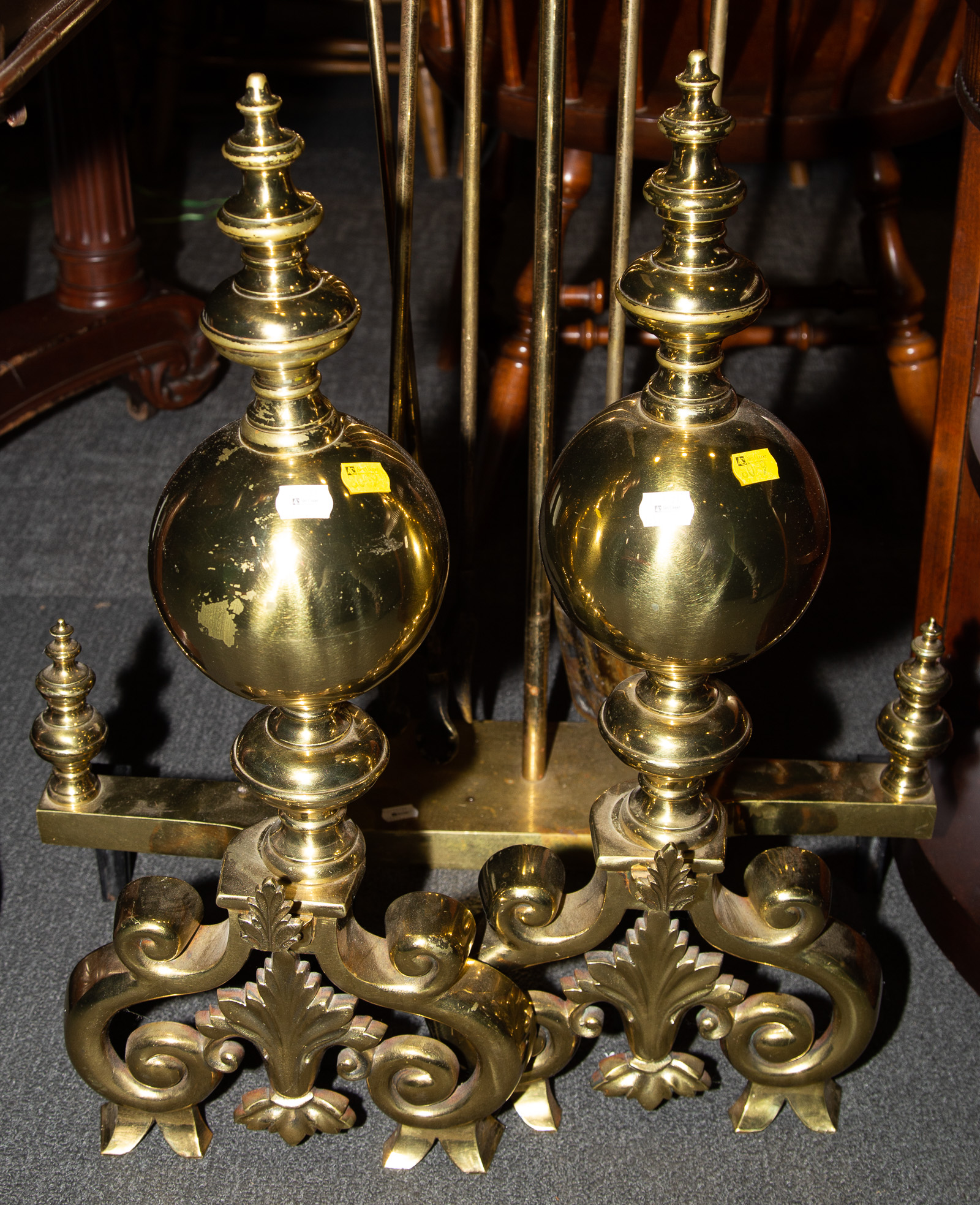 MASSIVE BRASS FIRE DOGS & SET OF