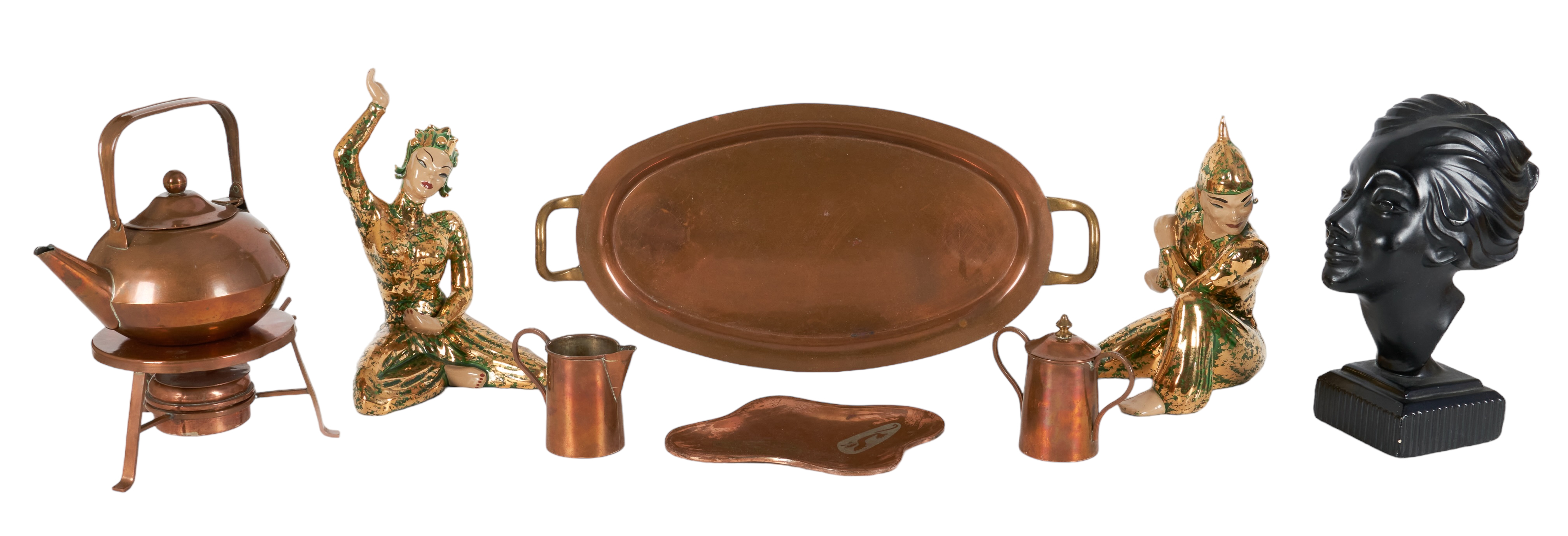 MCM Brass Tea Set, Pottery, Etc