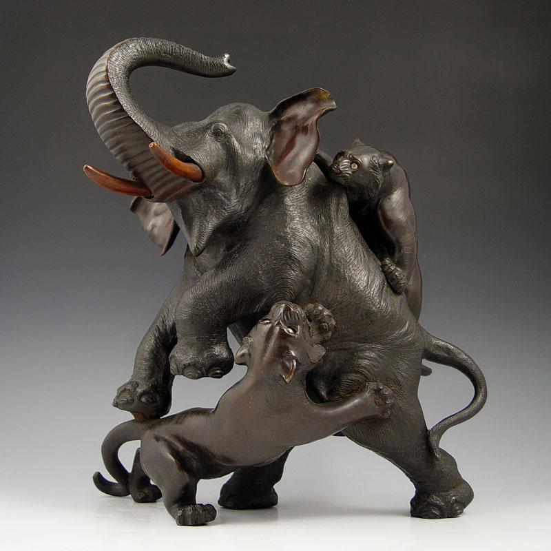MEIJI PERIOD BRONZE TIGER ATTACK ON
