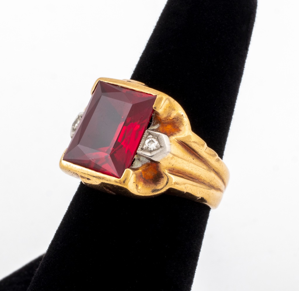 MENS 10K YELLOW GOLD SYNTHETIC RUBY