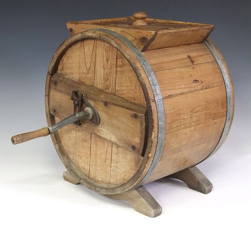 METAL-BOUND PINE BARREL TABLETOP