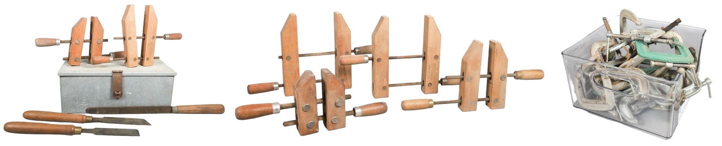 Metal box, clamps and chisels to