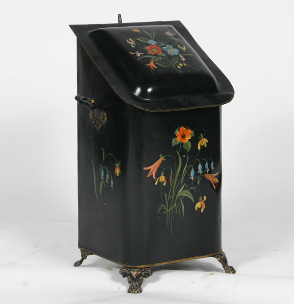 Metal coal hod with tole paint,