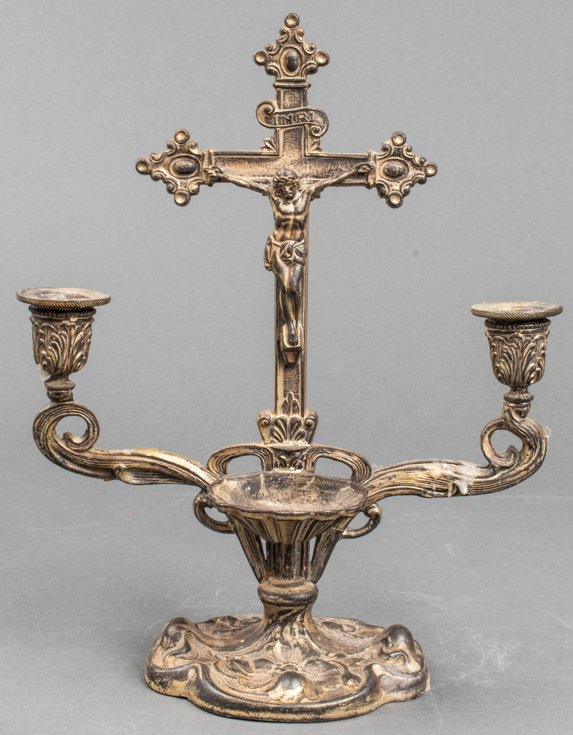 METAL CRUCIFIX CANDELABRA AND