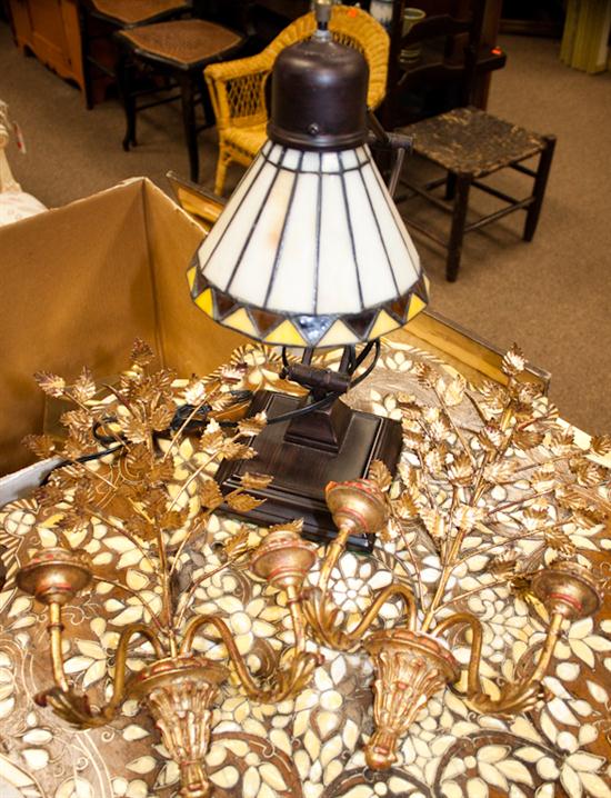 Metal desk lamp with slag glass