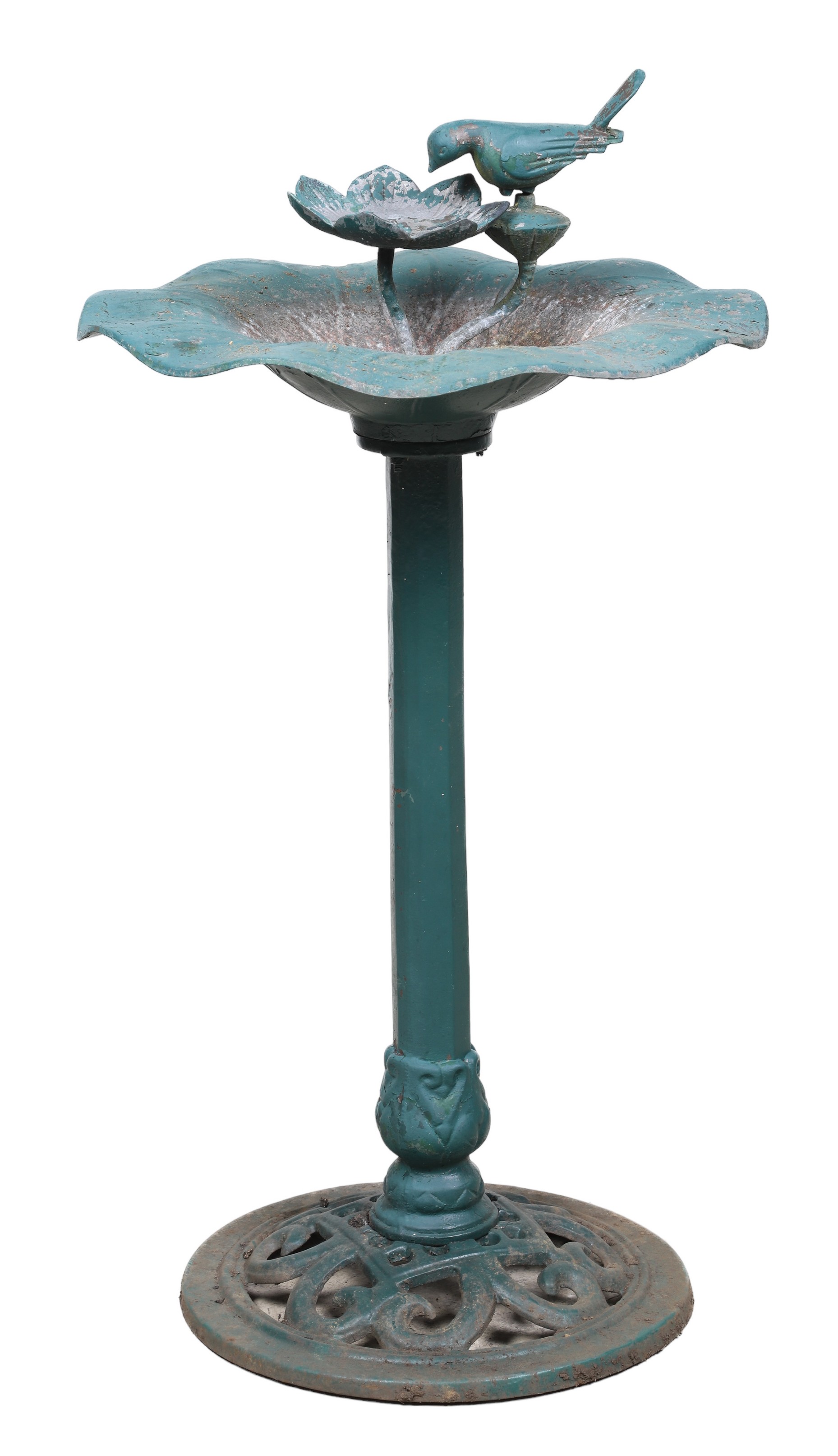 Metal painted birdbath, bird