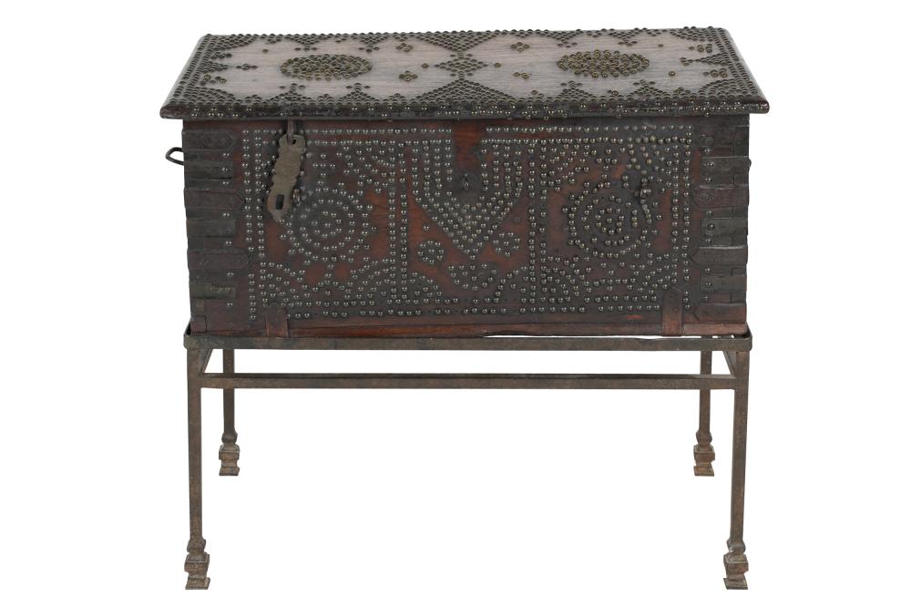 METAL-STUDDED WOOD TRUNK ON IRON