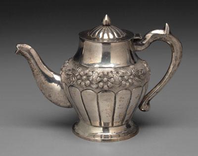 Mexican silver teapot, scroll