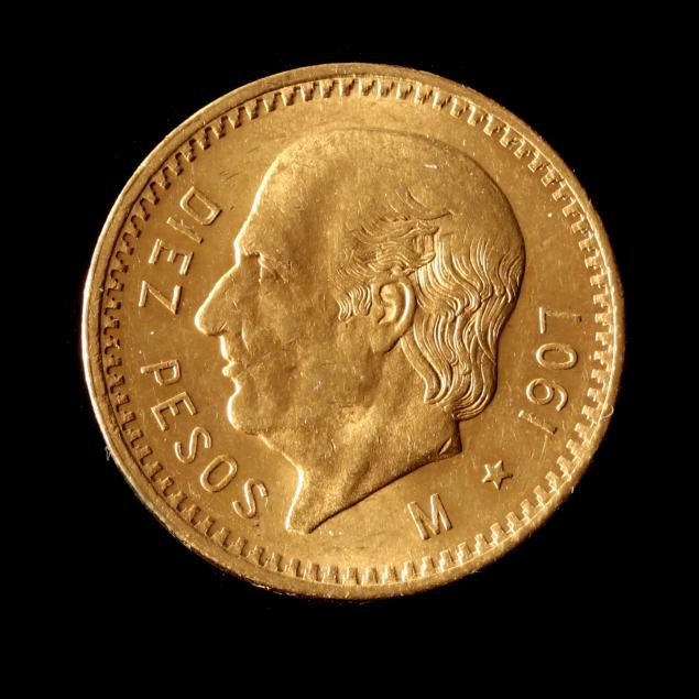 MEXICO, 1907 GOLD TEN PESOS