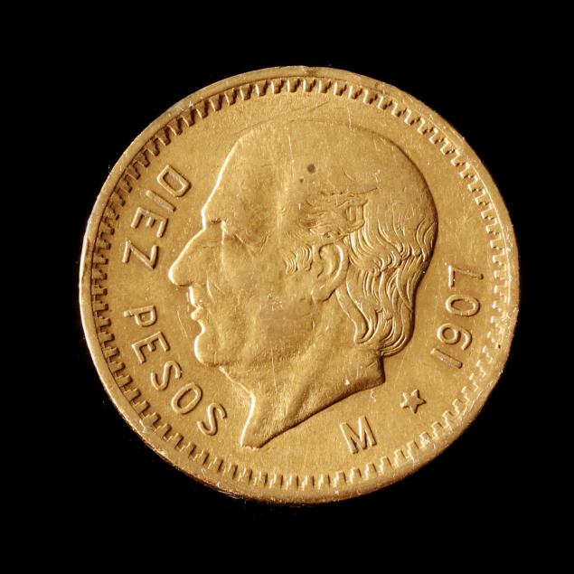 MEXICO, 1907 GOLD TEN PESOS