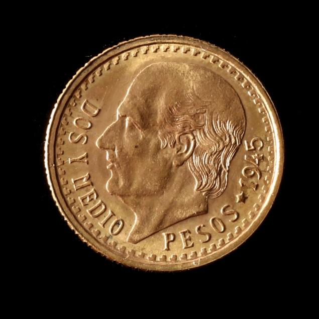 MEXICO, 1945 GOLD 2-1/2 PESOS BU,