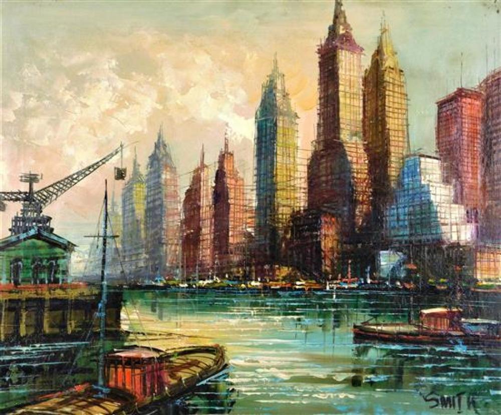 MID-CENTURY MANHATTAN SCENE, OIL ON