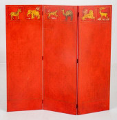 MID-CENTURY RED JAPANNED THREE