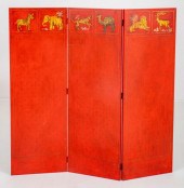MID-CENTURY RED JAPANNED THREE