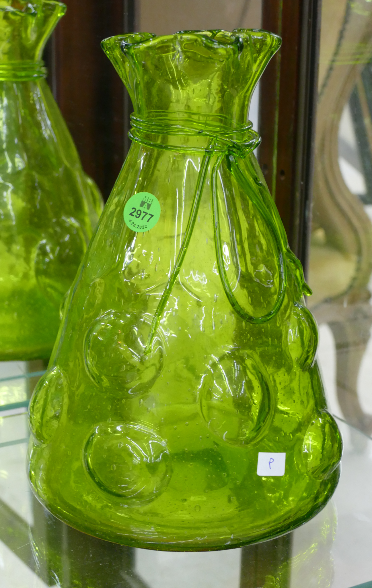 Midcentury Green Glass Sack Vase-