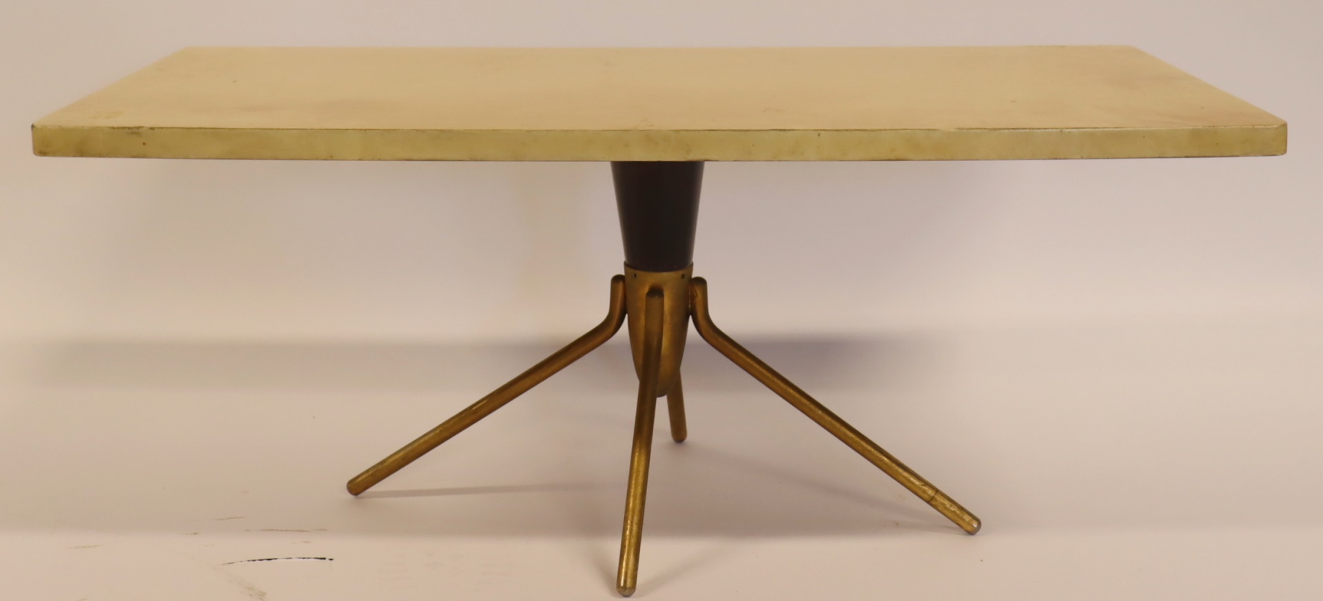 MIDCENTURY PARCHMENT & BRASS TABLE.