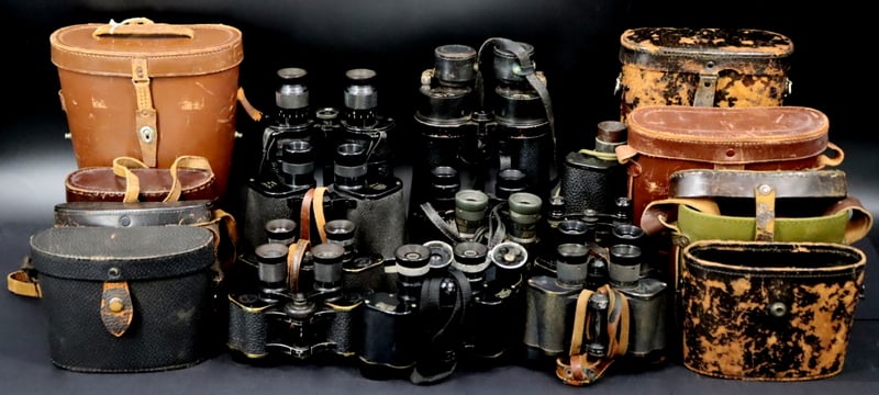 MILITARIA. (11) PR. OF BINOCULARS &