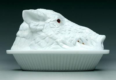 Milk glass lidded boar dish,