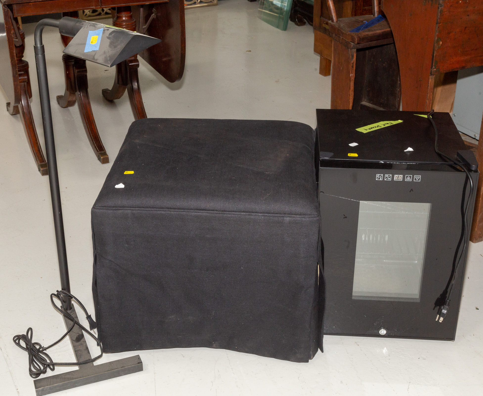 MINI FRIDGE, HASSOCK, & READING