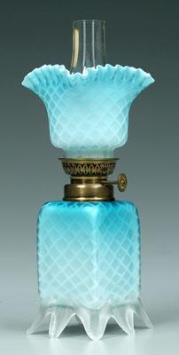 Miniature blue satin glass lamp,