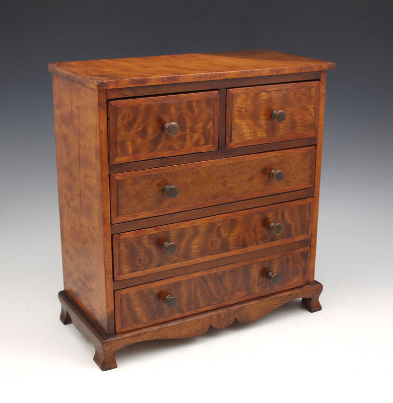 MINIATURE BURLED CHIPPENDALE CHEST: