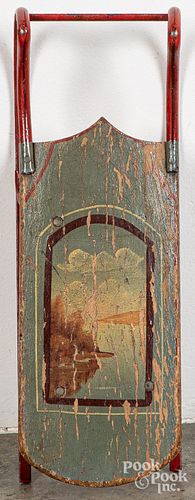 MINIATURE PAINTED PINE SLED, 19TH