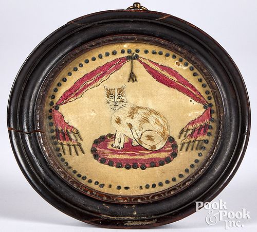 MINIATURE SILKWORK OF A CAT, 19TH