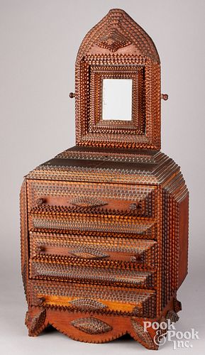 MINIATURE TRAMP ART DRESSER, CA.