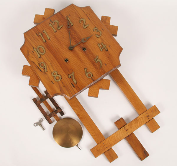 Mission oak wall clock with brass