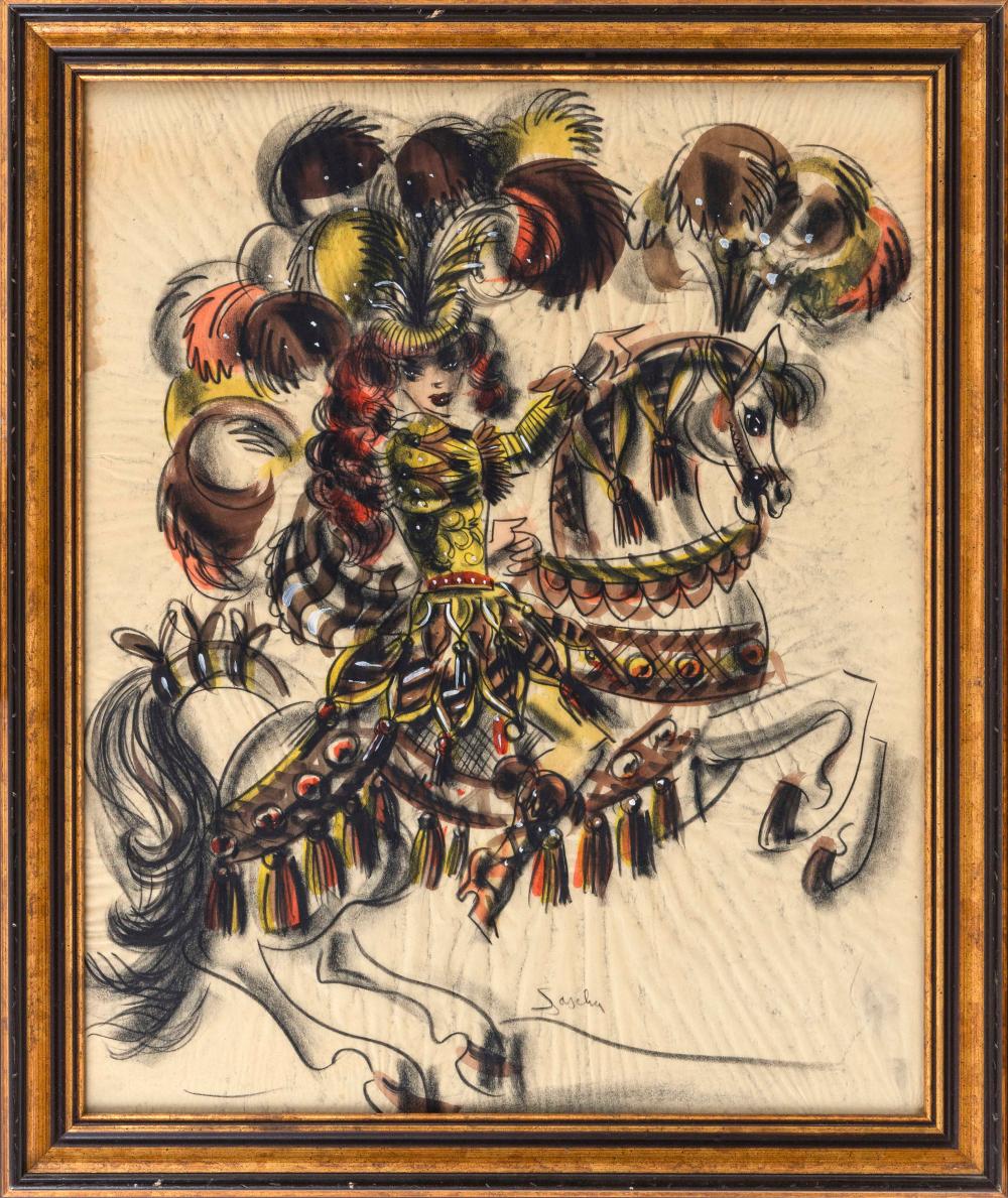 MIXED MEDIA OF A WOMAN ON A HORSE