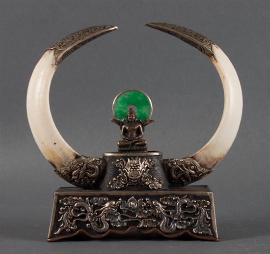 Mixed metal boar's tusk and jade