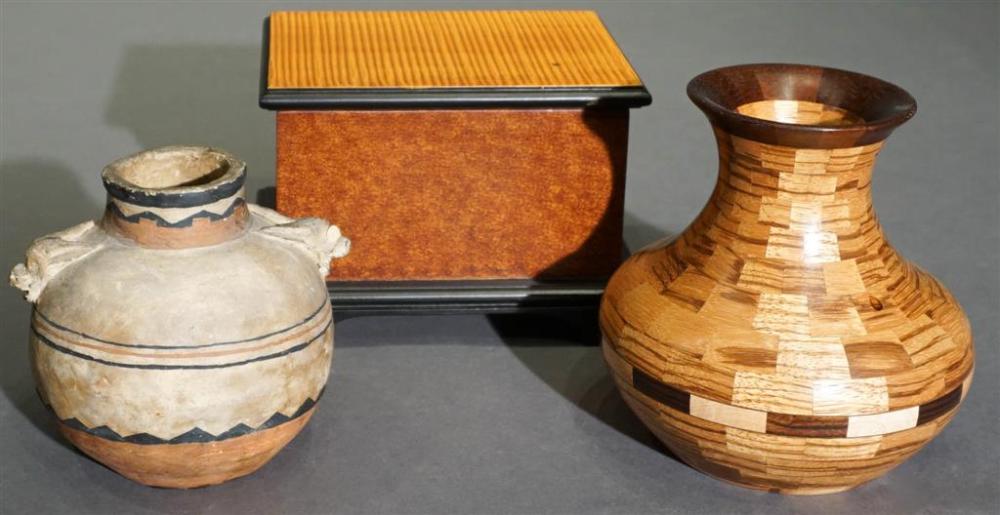 MIXED WOOD VASE, HINGED BOX, AND