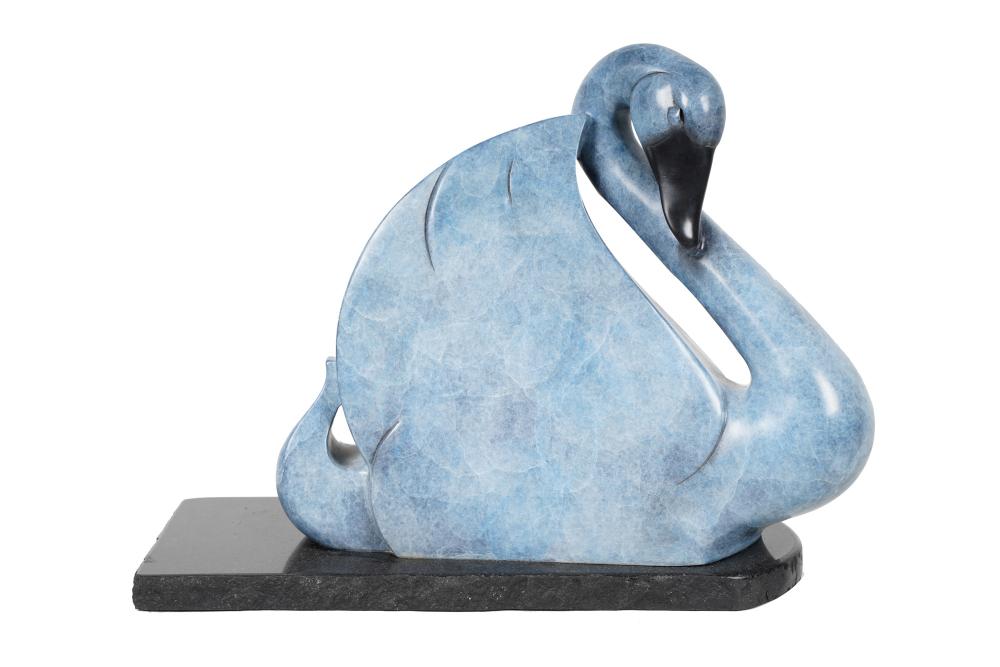MODERN BRONZE SWAN SCULPTUREon a