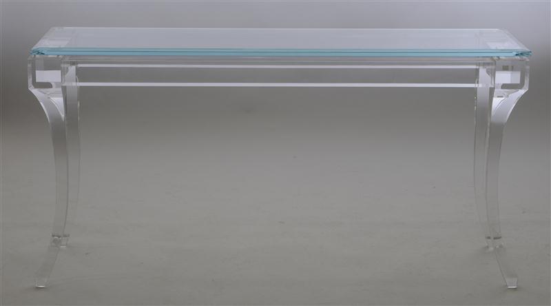 MODERN GLASS AND LUCITE CONSOLE
