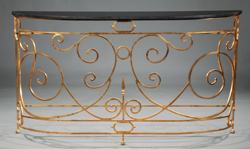 MODERN MARBLE, GILT IRON DEMILUNE