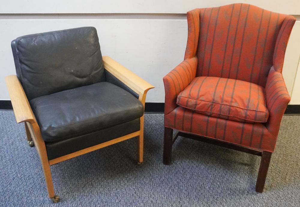MODERN OAK BLACK LEATHER ARMCHAIR