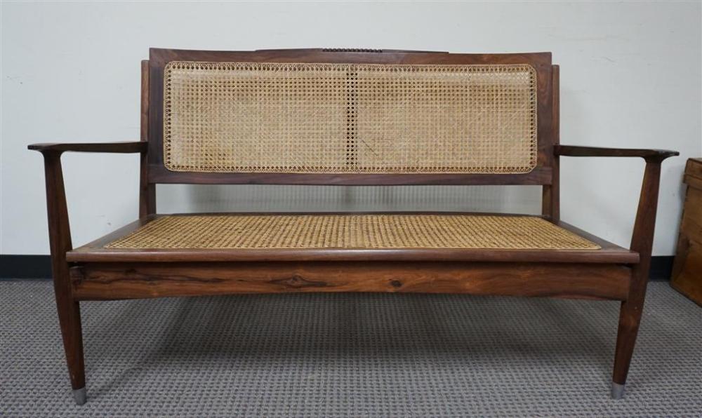 MODERN TEAK CANE BACK SETTEE, H:
