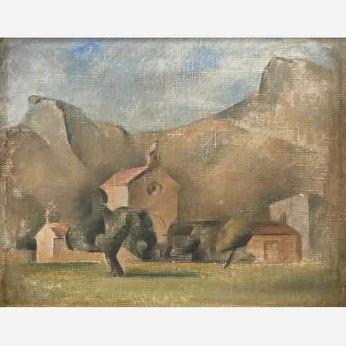 MODERNIST OIL OF A MOUNTAIN CHAPEL,