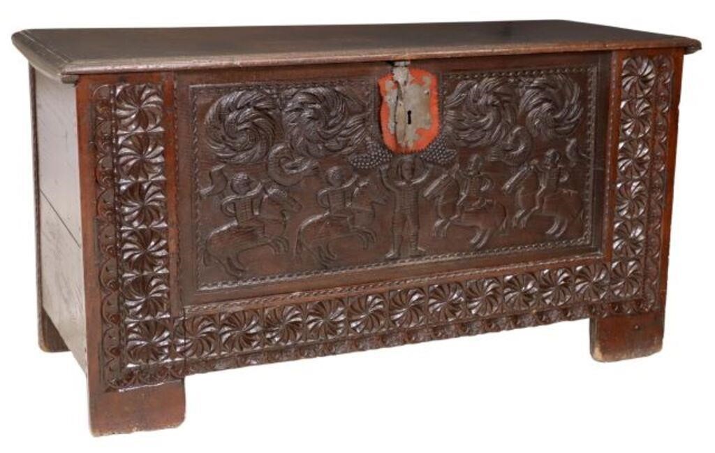 MONUMENTAL CARVED OAK COFFER