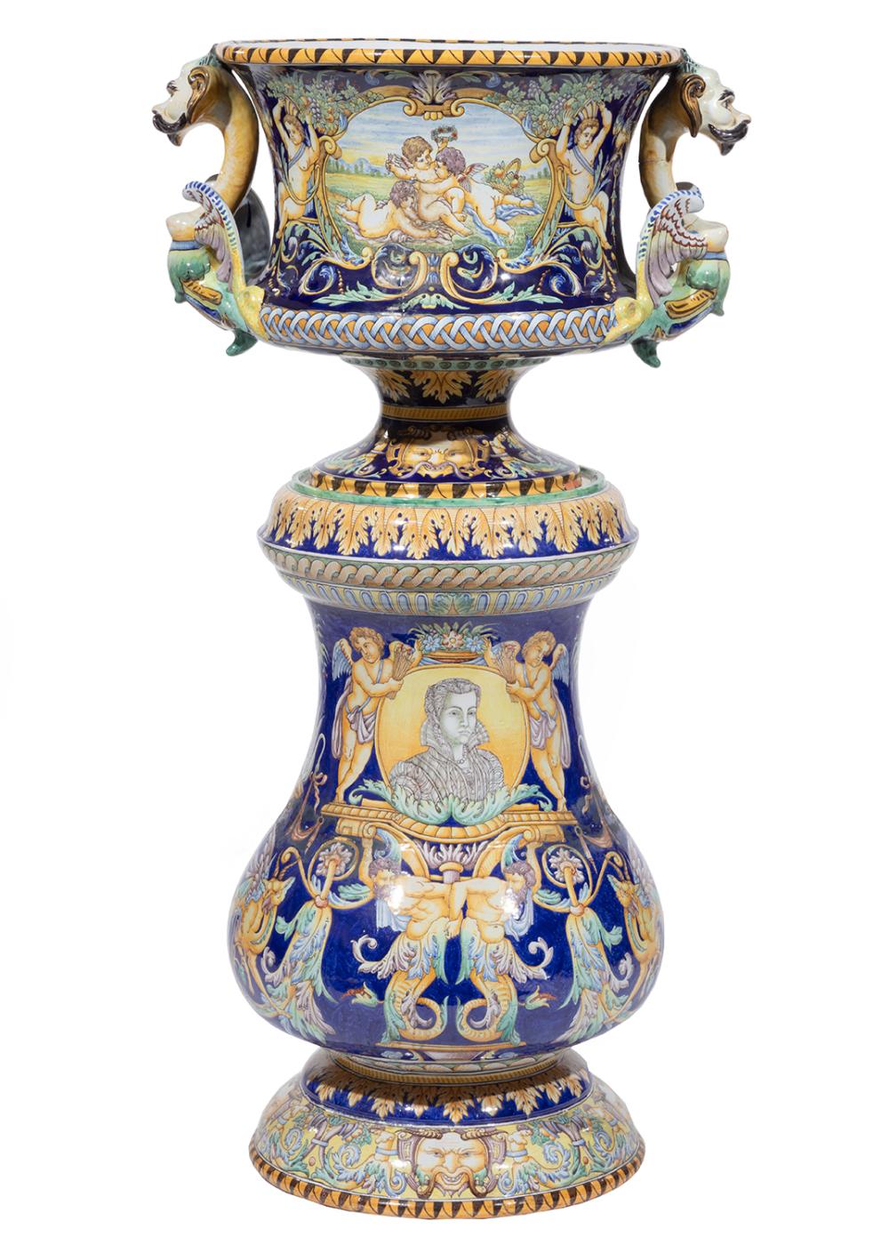 MONUMENTAL MAJOLICA URN ON PEDESTAL