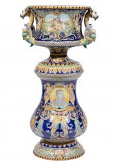 MONUMENTAL MAJOLICA URN ON PED