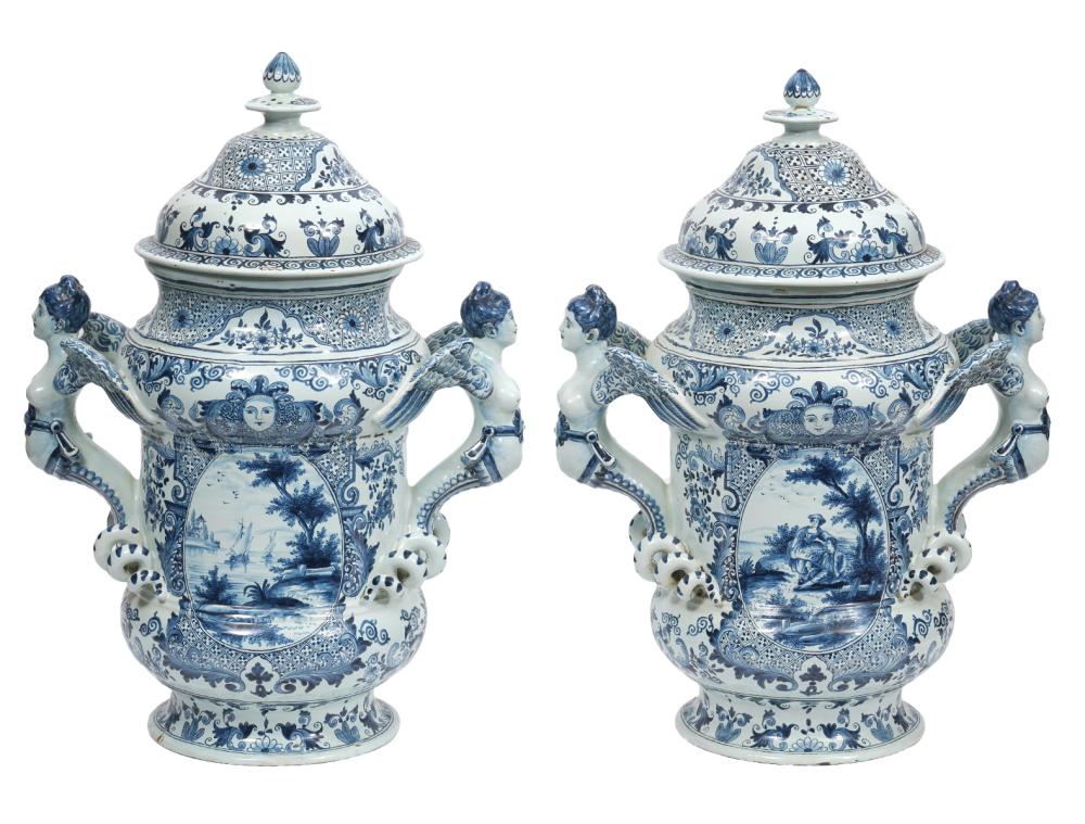 MONUMENTAL PAIR DELFT URNS BY