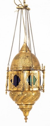 MOROCCAN BRASS AND COLORED GLA