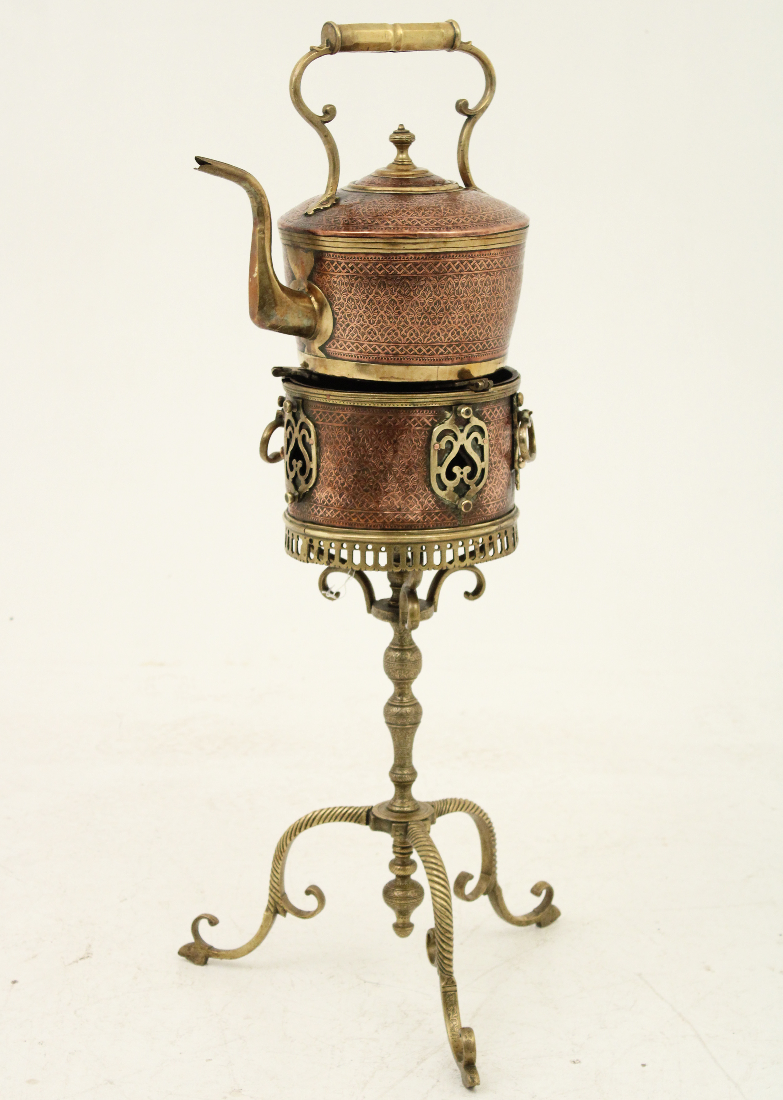 MOROCCAN COPPER AND BRASS KETTLE ON