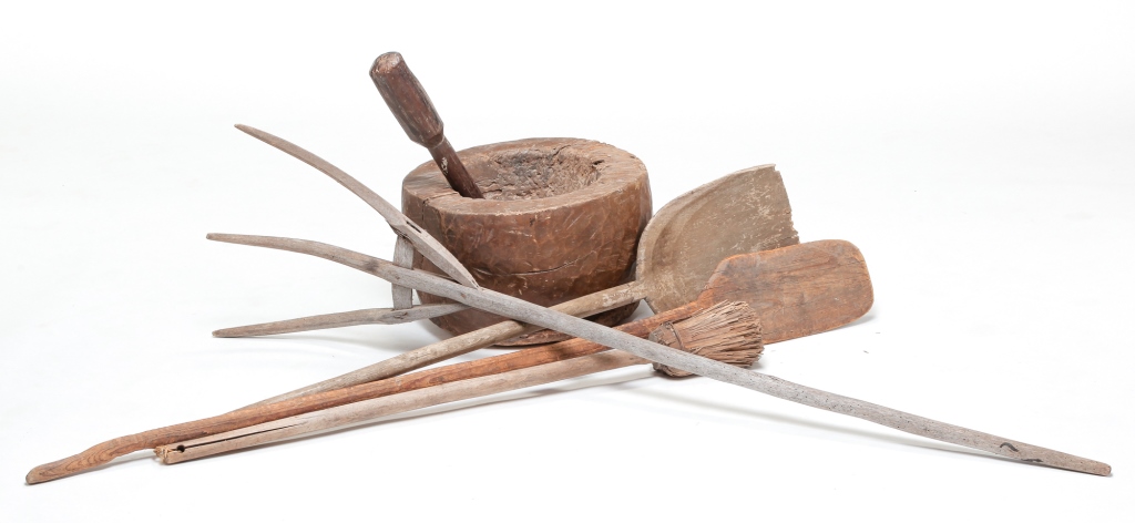 MORTAR AND PESTLE AND RAKE, PADDLE,